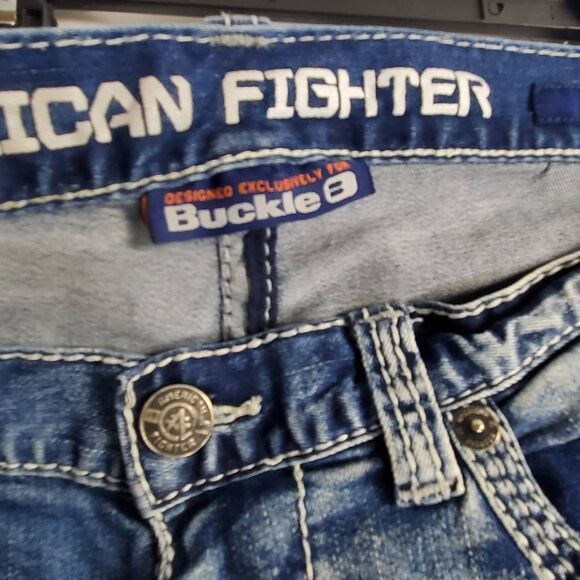 American Fighter Buckle Men’s Jeans Size 34L Blue Distressed Denim - Picture 10 of 13